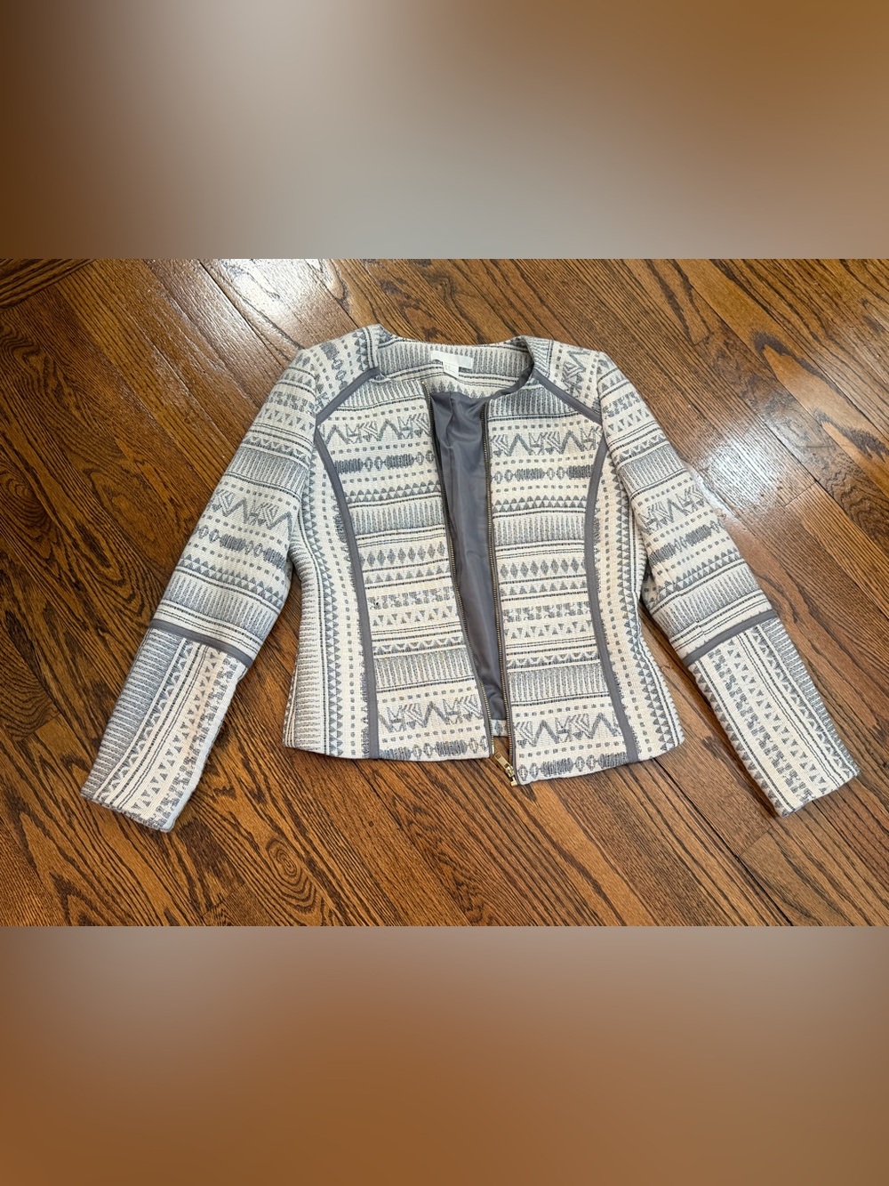 H&M Ivory and Gray Patterned Open-Front Blazer